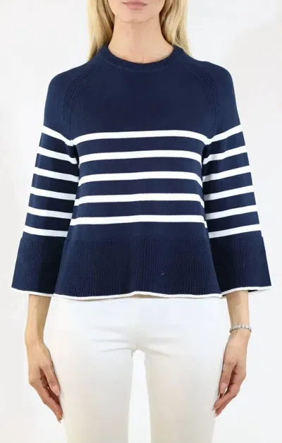 Metric Knits Placed Striping Raglan Sleeve Crew Pullover In Navy/white In Blue