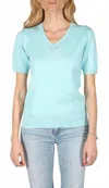 Metric Knits Short Sleeve V Neck Top In Cabana Blue In Blue