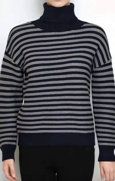 Metric Knits Short Texture Striped Pullover Sweater In Navy Combo In Black