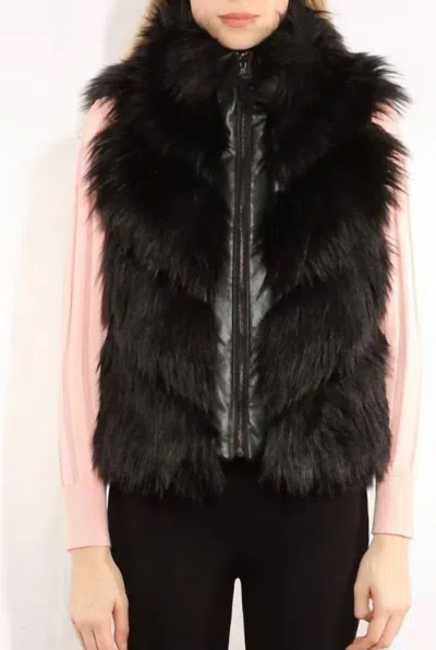 Metric Knits Stand Collar Faux Fur Vest In Black