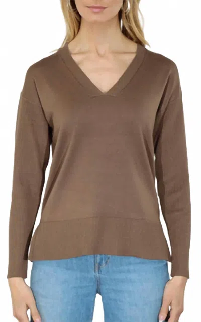 Metric Knits V-neck Pullover Sweater With Rib Sleeve In Wood In Brown