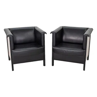 Pre-owned Metropolitan 1996 Pair Of  Furniture Lounge Club Chairs In Leather And Cherry In Brown