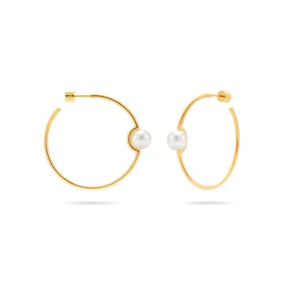 Meulien Women's Gold / White Slender Hoop Earrings With Perched Freshwater Pearl - Gold, White Pearl