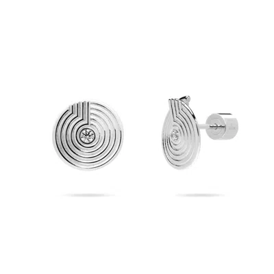 Meulien Women's Open Twist Disc Stud Earrings With Engraved Circles And Cz - Silver