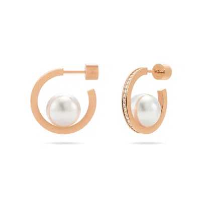 Meulien Women's Pearl Open Hoop Earrings - Rose Gold, Ten Millimeter Pearl In Gray