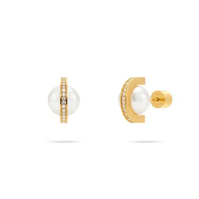 Meulien Women's Pearl Stud Earrings With Semicircular Band In Pave Cz - Gold, Six Millimeter Pearl In Multi