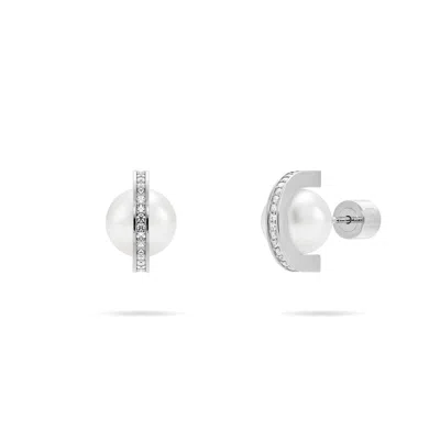 Meulien Women's Pearl Stud Earrings With Semicircular Band In Pave Cz - Silver, Six Millimeter Pearl In White