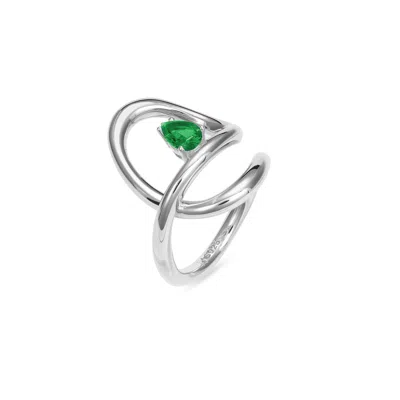 Meulien Women's Silver / Green Flowing Waterdrop Ring - Silver, Green Stone In Metallic
