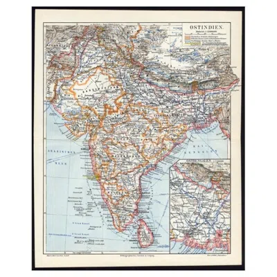 Pre-owned Meyer Antique German Map Of India And Sri Lanka Or Ceylon, 1902 In Gray