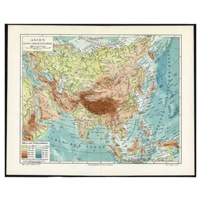 Pre-owned Meyer Antique Map Of The Rivers And Mountains In Asia, C.1895 In Sand
