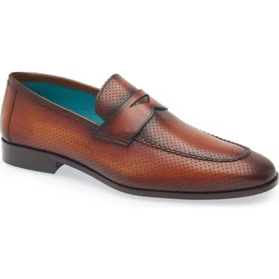 Mezlan Cueva Perforated Penny Loafer In Cognac Rust