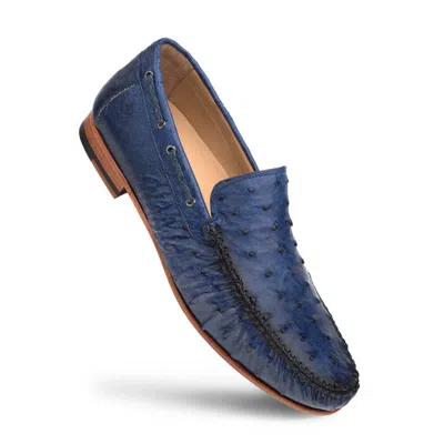 Pre-owned Mezlan Dress Shoes Genuine Ostrich Leather Exotic Moccasin Loafers Blue