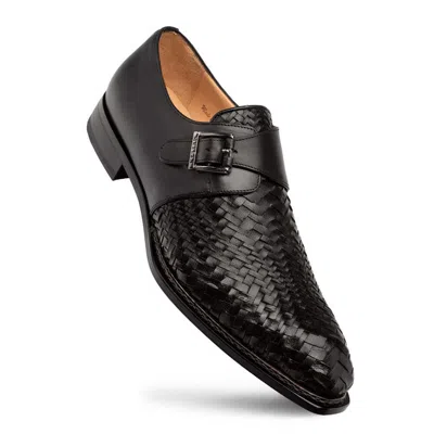Pre-owned Mezlan Fashion Dress Shoes Woven Leather Temi Single Monk Strap Black