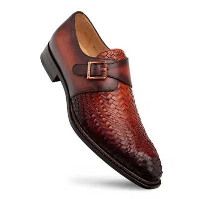 Pre-owned Mezlan Fashion Dress Shoes Woven Leather Temi Single Monk Strap Cognac Rust
