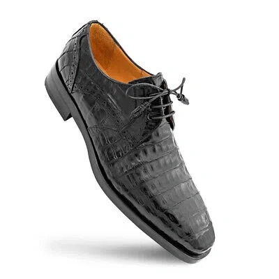 Pre-owned Mezlan Golfo Black Plain Toe Crocodile Derby Shoes