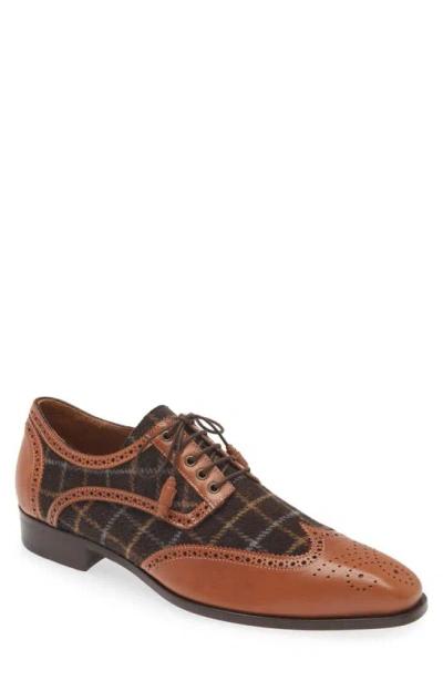 Mezlan Plaid & Brogue Leather Saddle Shoe In Dark Cognac/ Brown