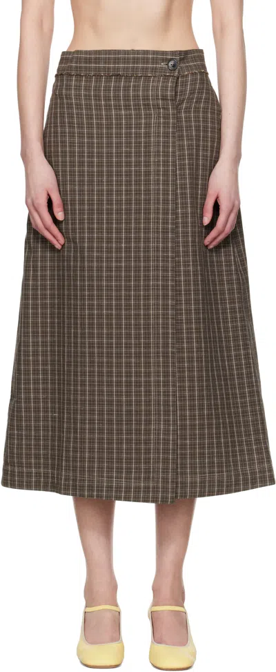 Mfpen Brown Classic Wrap Midi Skirt In Brown Linen Check