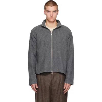 Mfpen Gray Leisure Zip Up Sweater In Grey Herringbone