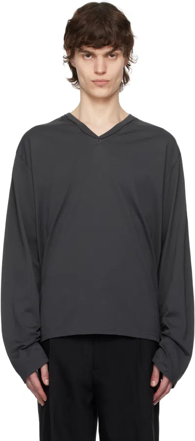 Mfpen Gray Ls V-neck T-shirt In Dark Grey