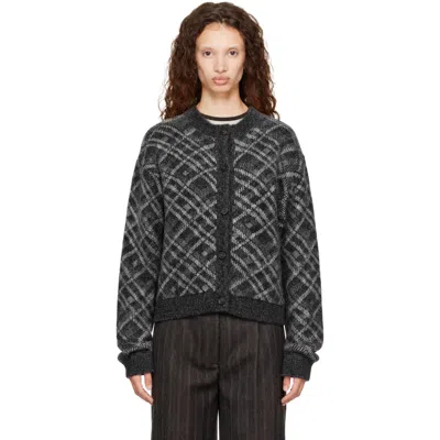 Mfpen Gray Round Neck Cardigan In Grey Argyle