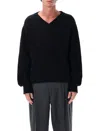 Mfpen Fuzzy Black V-neck Organic Cotton Sweater In Black