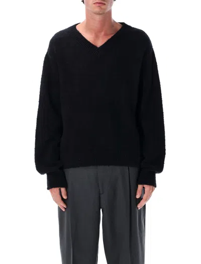 Mfpen Fuzzy Black V-neck Organic Cotton Sweater