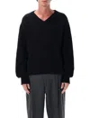 Mfpen Fuzzy Black V-neck Organic Cotton Sweater In Black