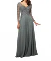 Mgny Beaded Bodice Sheer Sleeve Dress In Silver Sage