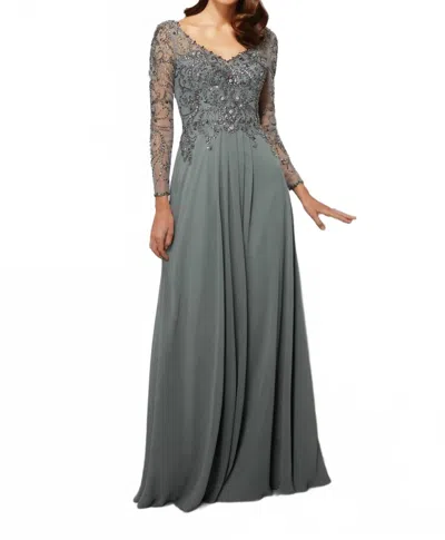 Mgny Beaded Bodice Sheer Sleeve Dress In Silver Sage