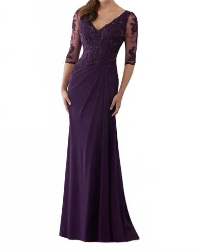 Mgny Beaded Embroidered Applique On Stretch Mesh Gown In Eggplant In Beige