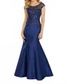 Mgny Beaded Embroidery On Larissa Satin Gown In Navy In Blue