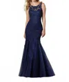 Mgny Beaded Embroidery On Net Gown In Navy