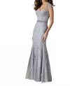 Mgny Beaded Lace Applique On Net Dress In Silver In Silver
