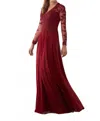 Mgny Beaded Lace On Net With Stretch Mesh Long Dress In Claret In Yellow