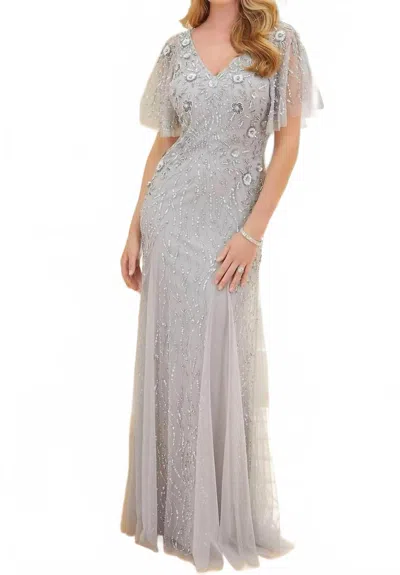 Mgny Beaded Short Sleeve Evening Maxi Dress In Silver In Grey
