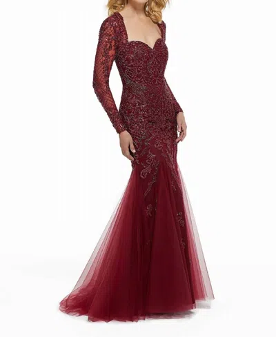 Mgny Beaded Tulle Mermaid Evening Gown In Wine In Pink