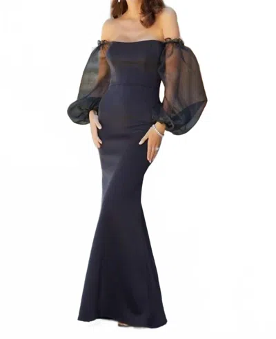 Mgny Bubble Sleeve Back Slit Dress In Black