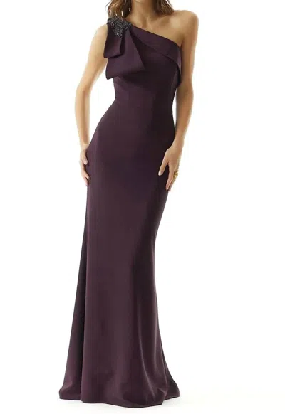 Mgny Draped Bow Evening Maxi Dress In Aubergine In Purple