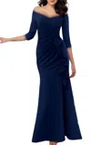 Mgny Fit And Flare Ruffled Jersey Evening Gown In Navy Blue In Brown
