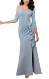 Mgny Fit And Flare Ruffled Jersey Evening Gown In Slate Blue In Blue