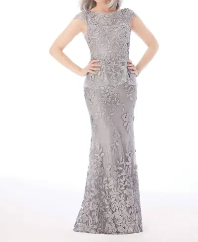 MGNY FLORAL APPLIQUES MOTHER OF THE BRIDE GOWN IN SILVER