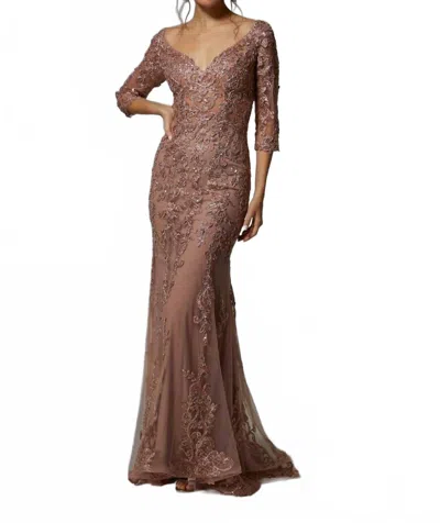 Mgny Frosted Metallic Lace Sheath Evening Gown In Rose Gold In Brown