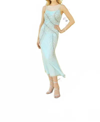 Mgny Illusion Neckline Embellished Dress In Seaglass In Blue