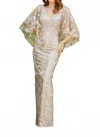 Mgny Iridescence Evening Gown With Capelet In Taupe In Gray