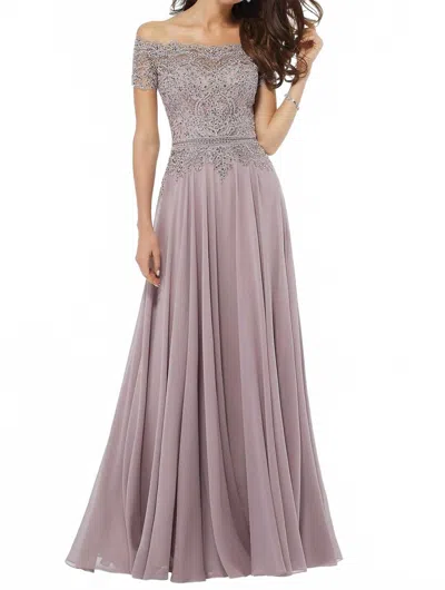 Mgny Lace Appliqued Off Shoulder Chiffon Maxi Dress In Dusty Rose In Grey