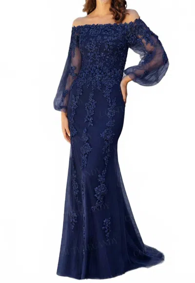Mgny Laced Straight Across Evening Maxi Dress In Stomy Blue