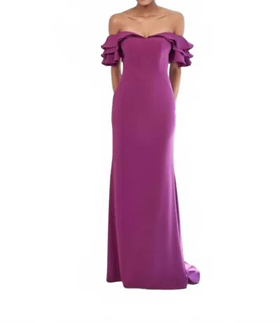 Mgny Layered Ruffle Sleeve Off-the-shoulder Dress In Mulberry In Red