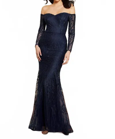 Mgny Long Sleeves Off The Shoulder Dress In Navy In Blue