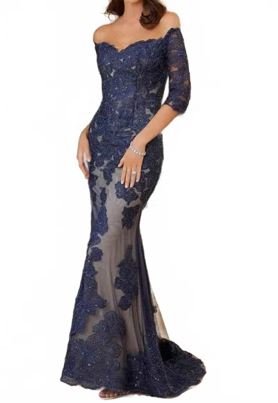 Mgny Luxe Evening Gown In Navy/nude In Multi