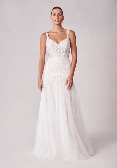 Mgny Madeline Gardner New York 2703 Long A Line Lace Applique Wedding Dress In White
